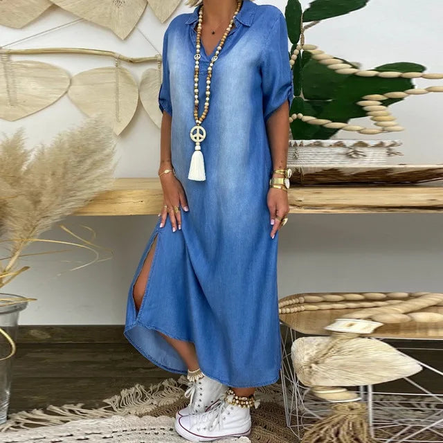 Renée™ | Robe longue en denim léger avec fente latérale