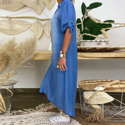 Renée™ | Robe longue en denim léger avec fente latérale