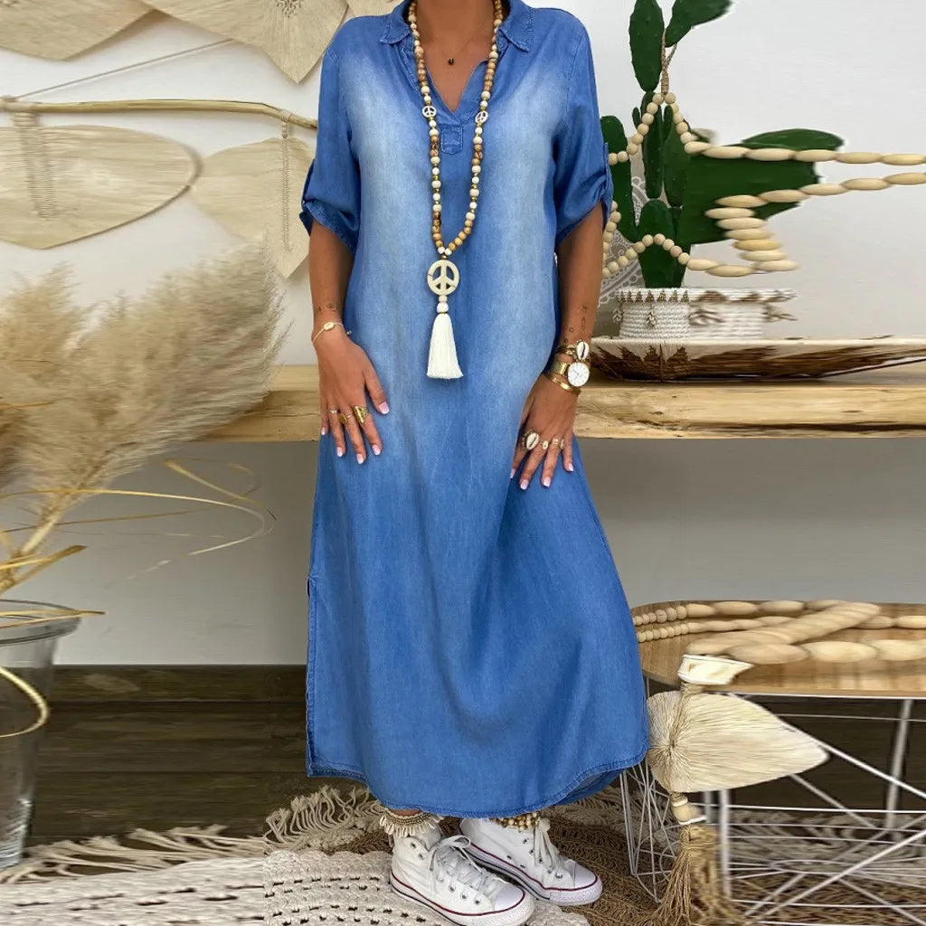 Renée™ | Robe longue en denim léger avec fente latérale