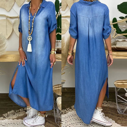 Renée™ | Robe longue en denim léger avec fente latérale