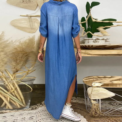 Renée™ | Robe longue en denim léger avec fente latérale