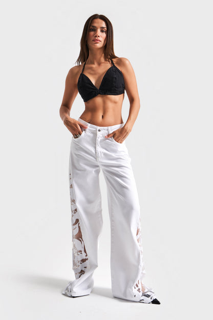 Romy™ | Jean large blanc avec détails en chiffon – style décontracté, allure affirmée